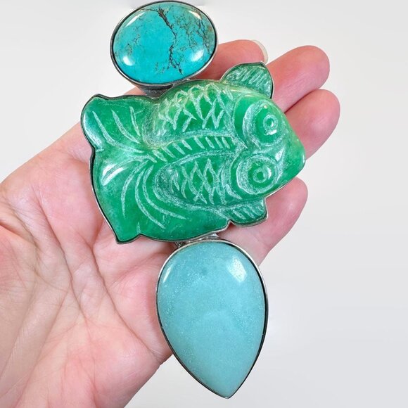 Amy Kahn Russel Pendant: Jade Turquoise Chrysoprase Vintage Carved Stone 5" Long - Picture 2 of 5
